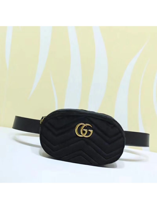 GUCCI 'Marmont' Belt Bag. Original Quality Bag including gift box, care book, dust bag, authenticity card. Part of the GG Marmont line, the belt bag was presented for the first time by Alessandro Michele in the Pre-Fall 2017 collection. It has a sportswear-inspired rounded shape with a leather belt which is designed so the bag can be worn high on the waist. It features the recognizable Double G detail-an archival play on the Running G. | CRIS&COCO Authentic Quality bags and Accessories