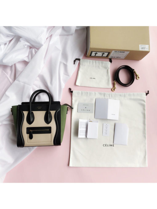 CELINE Luggage Nano. Original Quality Bag including gift box, care book, dust bag, authenticity card.  Nano luggage bag in calfskin with leather handles, a removable shoulder strap, and a zip closure. The bag has a zipped outer pocket on the front. | CRIS&COCO Authentic Quality bags and Accessories