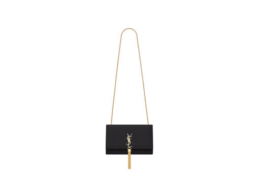 SAINT LAURENT Small 'Kate' Bag with Tassel. Original Quality Bag including gift box, care book, dust bag, authenticity card. Monogram Saint Laurent bag adorned with a curb chain, interlocking YSL initials in metal, and a metallic tassel. Crafted from leather, this Kate shoulder bag from Saint Laurent is decorated with a signature YSL monogram plaque and a hanging tassel detail to the front for an extra refined touch. The perfect go-to for a night out. Featuring a chain shoulder strap, a foldover top with magnetic closure, a main internal compartment, an internal slip pocket, an internal logo patch, an internal logo stamp, and metal hardware. | CRIS&COCO Authentic Quality Designer Bags and Luxury Accessories