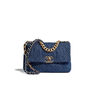 Chanel '19' Flap Bag in Blue Denim 2020. Original Quality Bag including gift box, care book, dust bag, authenticity card. This gorgeous Chanel '19' Flap Bag in Blue Denim is the most sought after bag this year by CHANEL. Gorgeous and so on-trend. Guaranteed authentic and comes with proof of purchase! Please be advised that this is the Larger size, not the medium. Sold out globally. This style is no longer available from Chanel and discontinued in denim. A great investment piece. | CRIS&COCO Authentic Quality Designer Bag and Luxury Accessories