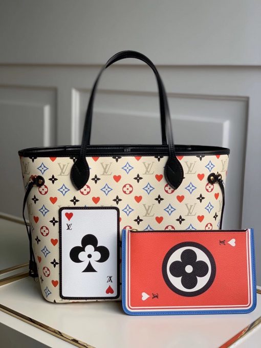 LOUIS VUITTON Game On Neverfull MM Tote Bag. Original Quality Bag including gift box, care book, dust bag, authenticity card. For Cruise 2021, Nicolas Ghesquière fashions the Neverfull MM tote bag in Monogram canvas adorned with a bold print blending Monogram Flowers and symbols of playing card suits. With a new outside pocket that looks like a playing card and another on the removable zipped pouch, this versatile tote becomes a playful homage to gaming.. | CRIS&COCO Authentic Quality Designer Bags and Luxury Accessories