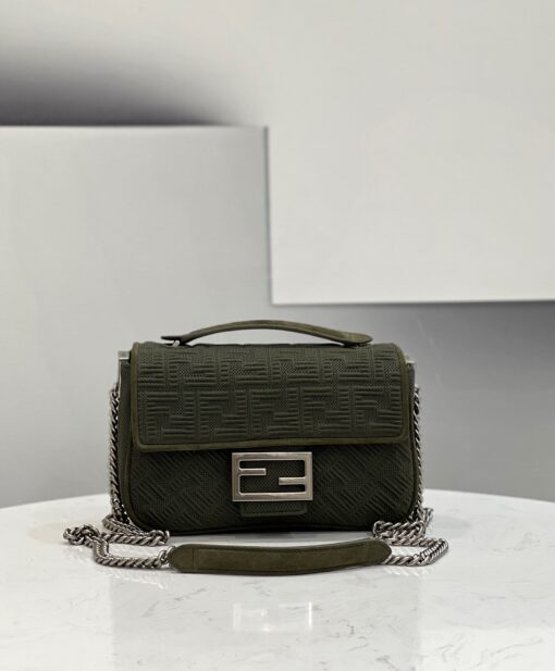 FENDI Baguette Chain Midi. Original Quality Bag including gift box, care book, dust bag, authenticity card. Iconic medium Baguette bag with chain shoulder strap, made of technical mesh with a 3D texture FF motif. Decorated with an FF clasp. Can be carried by hand or over the shoulder thanks to the sliding-chain shoulder strap. | CRIS&COCO Authentic Quality Designer Bag and Luxury Accessories