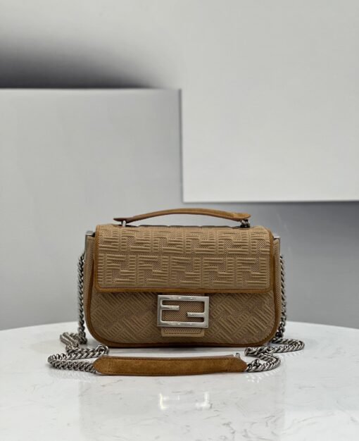 FENDI Baguette Chain Midi. Original Quality Bag including gift box, care book, dust bag, authenticity card. Iconic medium Baguette bag with chain shoulder strap, made of technical mesh with a 3D texture FF motif. Decorated with an FF clasp. Can be carried by hand or over the shoulder thanks to the sliding-chain shoulder strap. | CRIS&COCO Authentic Quality Designer Bag and Luxury Accessories