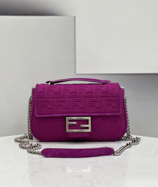 FENDI Baguette Chain Midi. Original Quality Bag including gift box, care book, dust bag, authenticity card. Iconic medium Baguette bag with chain shoulder strap, made of technical mesh with a 3D texture FF motif. Decorated with an FF clasp. Can be carried by hand or over the shoulder thanks to the sliding-chain shoulder strap. | CRIS&COCO Authentic Quality Designer Bag and Luxury Accessories