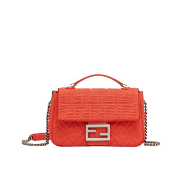 FENDI Baguette Chain Midi. Original Quality Bag including gift box, care book, dust bag, authenticity card. Iconic medium Baguette bag with chain shoulder strap, made of technical mesh with a 3D texture FF motif. Decorated with an FF clasp. Can be carried by hand or over the shoulder thanks to the sliding-chain shoulder strap. | CRIS&COCO Authentic Quality Designer Bag and Luxury Accessories