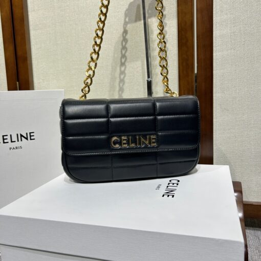 CELINE Matelasse Monochrome Chain Shoulder Bag. Original Quality Bag including gift box, care book, dust bag, authenticity card. This shoulder bag is enwrapped with a fresh graphic goatskin quilting and metal lettering in the monochrome Celine logo, adorned with an oversized chain strap, allowing the bag to be worn cross-body depending on the desires of the wearer. | CRIS&COCO Authentic Quality Designer Bag and Luxury Accessories