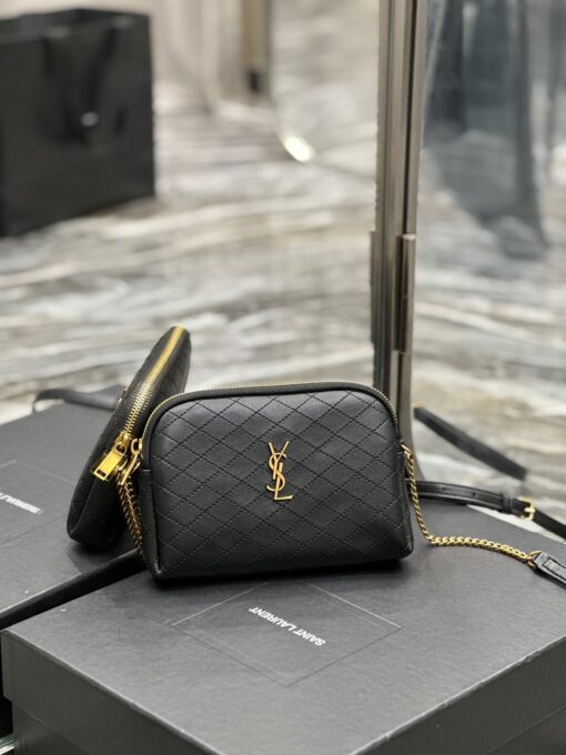 SAINT LAURENT Gaby Chain Pouch. Original Quality Bag including gift box, care book, dust bag, authenticity card. Crafted from lambskin leather this Gaby zipped pouch decorated with the Cassandre and Carré-quilted overstitching. | CRIS&COCO Authentic Quality Designer Bag and Luxury Accessories