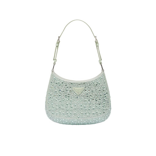 PRADA Cleo Satin Bag With Crystals. Original Quality Bag including gift box, care book, dust bag, authenticity card. Feminine, elegant and modern, the Prada Cleo bag is made of satin and embellished with luminous crystals of different sizes that give the bag refined charm. The sinuous shape that recalls archive styles makes the accessory iconic. | CRIS&COCO Authentic Quality Designer Bags and Luxury Accessories