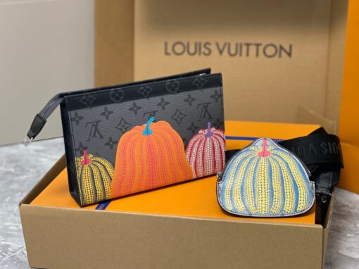 LOUIS VUITTON X YAYOI KUSAMA Gaston Wearable Wallet. High-End Quality Bag including gift box, care book, dust bag, authenticity card. On-trend and practical, the LVxYK Gaston wallet joins the “Pumpkins” theme of the Louis Vuitton x Yayoi Kusama collection with a vibrant new look. The venerated Japanese artist’s iconic pumpkins are printed in bright colors on Monogram Eclipse Reverse canvas. And it comes with a removable pumpkin-shaped pouch, perfect for coins and contactless payment cards. | CRIS AND COCO Authentic Quality Luxury Accessories