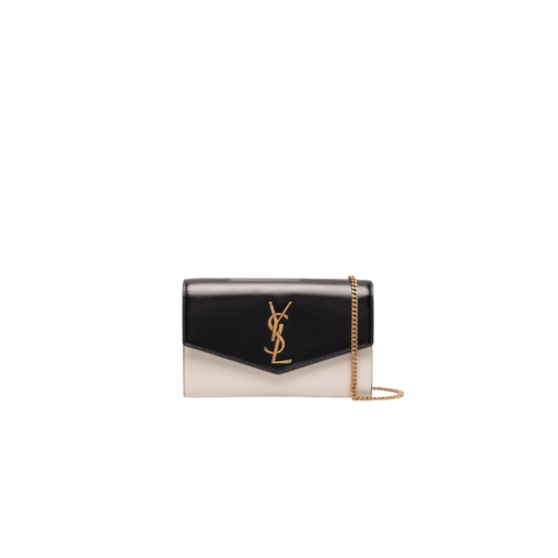 SAINT LAURENT Uptown Chain Wallet. High-End Quality Bag including gift box, care book, dust bag, authenticity card. Mini envelope bag decorated with the cassandre, featuring a removable chain strap for shoulder or hand carry as a clutch. A fragments card case with three card slots is included. | CRIS AND COCO Authentic Quality Luxury Accessories