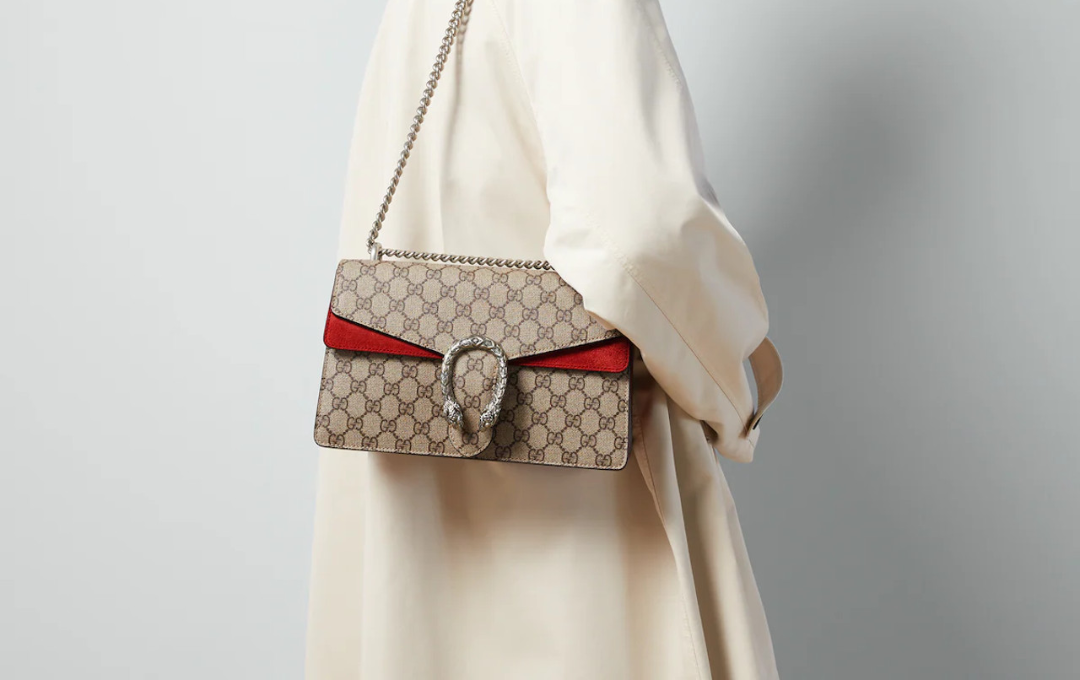 Close-up of the GUCCI Dionysus bag with tiger head clasp.