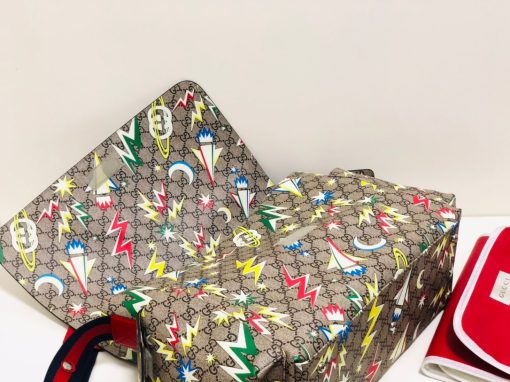 GUCCI GG Supreme Baby Changing Bag. Authentic quality luxury bag crafted in genuine leather comes with authenticity card, dust bag and gift bag. Embark on a Galactic Adventure! Introducing a beautifully designed baby changing bag made from luxurious Supreme canvas, featuring an enchanting print inspired by outer space. This mesmerizing theme has consistently captivated Gucci's artistic vision across its collections. Adorned with spaceships, stars, and captivating imagery from the galaxy, this exceptional diaper bag stands out against the iconic monogram pattern of the House. The allure of outer space continuously inspires Gucci's latest collections, reflecting a delightful and imaginative spirit.