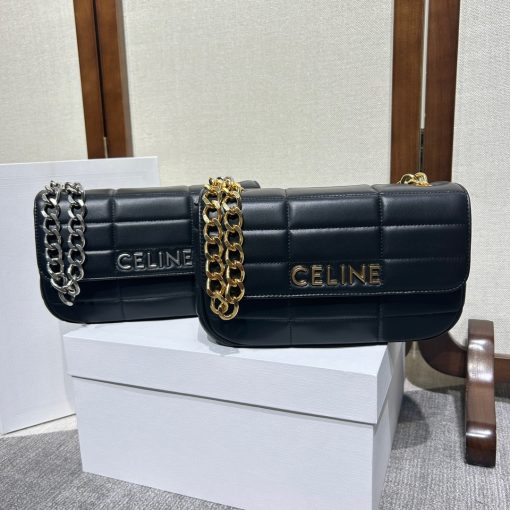 CELINE Matelasse Monochrome Chain Shoulder Bag. Authentic quality luxury bag crafted in genuine leather comes with authenticity card, dust bag and gift bag. Elevate your style with the chic versatility. This stunning shoulder bag features a beautiful graphic goatskin quilting and the monochrome Celine logo in metal lettering. It is further enhanced with an oversized chain strap, allowing for versatile wearing options, including wearing it cross-body.
