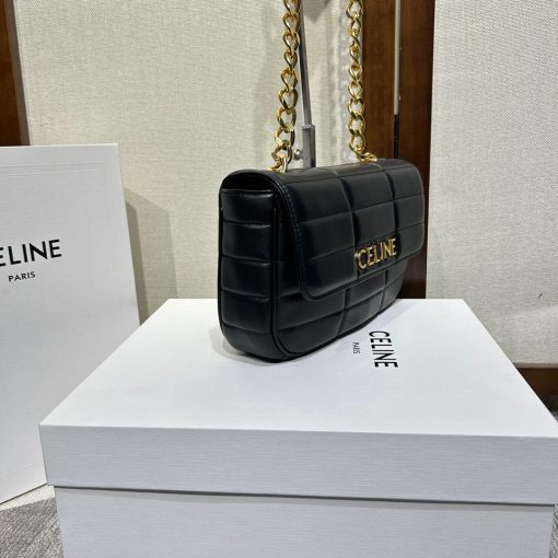 CELINE Matelasse Monochrome Chain Shoulder Bag. Authentic quality luxury bag crafted in genuine leather comes with authenticity card, dust bag and gift bag. Elevate your style with the chic versatility. This stunning shoulder bag features a beautiful graphic goatskin quilting and the monochrome Celine logo in metal lettering. It is further enhanced with an oversized chain strap, allowing for versatile wearing options, including wearing it cross-body.