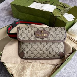 GUCCI Neo Vintage GG Supreme Belt Bag. Authentic quality luxury bag crafted in genuine leather comes with authenticity card, dust bag and gift bag. Retro charm, sustainable grace. The GG Supreme belt bag exudes a tasteful vintage charm, showcasing a design that draws inspiration from the past. Constructed with genuine leather accents, this exquisite piece is designed to be comfortably worn around the waist, fastened securely with a stylish Web strap and buckle closure. Crafted from environmentally conscious beige/ebony GG Supreme canvas and adorned with brown leather trims, this bag exemplifies both style and sustainability. It proudly displays the iconic green and red Web detailing, embodying the unmistakable Gucci essence. Additionally, it features an oval-shaped Gucci leather tag adorned with a captivating feline head emblem. The adjustable nylon Web belt offers flexibility and convenience, guaranteed by a sturdy plastic buckle closure. - KRIS + KIKO GUCCI Neo Vintage GG Supreme belt bag. The belt bag in GG Supreme has a retro-influenced design. Trimmed with leather, the style is meant to be worn around the waist, securing with a Web strap and buckle closure. Beige/ebony GG Supreme canvas, a material with low environmental impact, with brown leather trims. Green and red Web. Oval Gucci leather tag with a feline head. Adjustable nylon Web belt with plastic buckle closure.