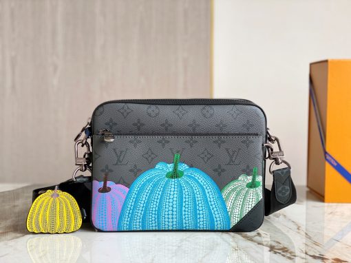 LOUIS VUITTON X Yayoi Kusama Trio Messenger. Authentic quality luxury bag crafted in genuine leather comes with authenticity card, dust bag and gift bag. A masterpiece of functionality and artistic expression. The extraordinary Messenger pays homage to the delightful beauty of the latest collaboration between Louis Vuitton and Yayoi Kusama. Showcasing the iconic Monogram Eclipse Reverse canvas adorned with vibrant pumpkins, an iconic motif in the celebrated Japanese artist's creations, this bag is a true blend of functionality and style. Featuring a detachable zippered pouch and an adorable coin purse in the shape of a pumpkin, it offers unparalleled practicality and versatility, all while boasting a remarkably imaginative design.