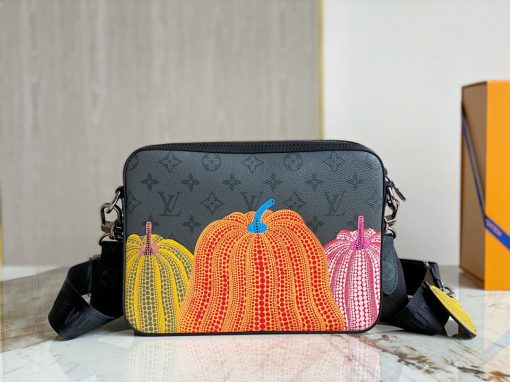 LOUIS VUITTON X Yayoi Kusama Trio Messenger. Authentic quality luxury bag crafted in genuine leather comes with authenticity card, dust bag and gift bag. A masterpiece of functionality and artistic expression. The extraordinary Messenger pays homage to the delightful beauty of the latest collaboration between Louis Vuitton and Yayoi Kusama. Showcasing the iconic Monogram Eclipse Reverse canvas adorned with vibrant pumpkins, an iconic motif in the celebrated Japanese artist's creations, this bag is a true blend of functionality and style. Featuring a detachable zippered pouch and an adorable coin purse in the shape of a pumpkin, it offers unparalleled practicality and versatility, all while boasting a remarkably imaginative design.