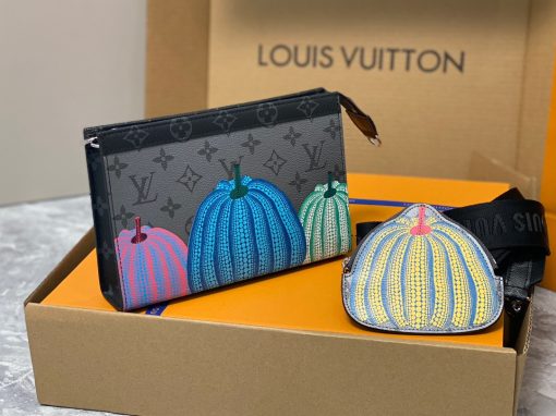 LOUIS VUITTON X Yayoi Kusama Gaston Wearable Wallet. Authentic quality luxury bag crafted in genuine leather comes with authenticity card, dust bag and gift bag. Embrace the trend and functionality. The LVxYK Gaston wallet effortlessly combines the latest trends and functionality. It seamlessly integrates into the "Pumpkins" theme of the LV x Yayoi Kusama collection with its eye-catching design. The renowned Japanese artist's famous pumpkins are beautifully printed in vivid hues on the striking Monogram Eclipse Reverse canvas. Not only that, but this wallet also includes a detachable pouch in the shape of a pumpkin, making it ideal for storing coins and contactless payment cards.