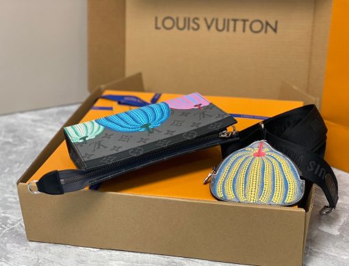 LOUIS VUITTON X Yayoi Kusama Gaston Wearable Wallet. Authentic quality luxury bag crafted in genuine leather comes with authenticity card, dust bag and gift bag. Embrace the trend and functionality. The LVxYK Gaston wallet effortlessly combines the latest trends and functionality. It seamlessly integrates into the "Pumpkins" theme of the LV x Yayoi Kusama collection with its eye-catching design. The renowned Japanese artist's famous pumpkins are beautifully printed in vivid hues on the striking Monogram Eclipse Reverse canvas. Not only that, but this wallet also includes a detachable pouch in the shape of a pumpkin, making it ideal for storing coins and contactless payment cards.