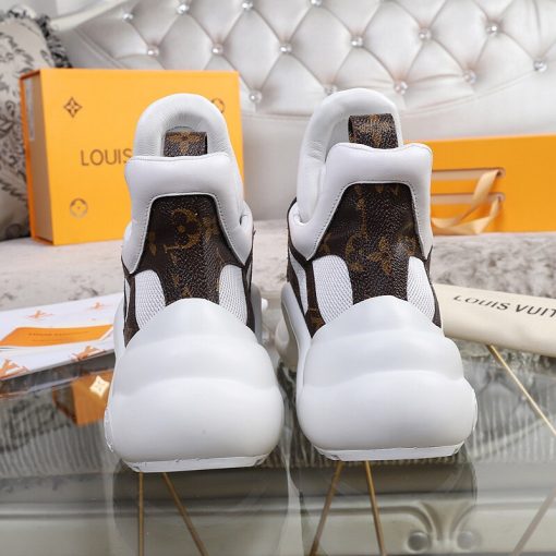LOUIS VUITTON 'Archlight' Trainer. Authentic quality luxury sneaker crafted in genuine leather comes with authenticity card, dust bag and gift bag. Technology meets femininity. This futuristic sneaker harmoniously combines a bouncy wave-shaped outsole and a generously proportioned tongue, while maintaining an elegant low cut around the ankle to add a gentle, feminine flair.
