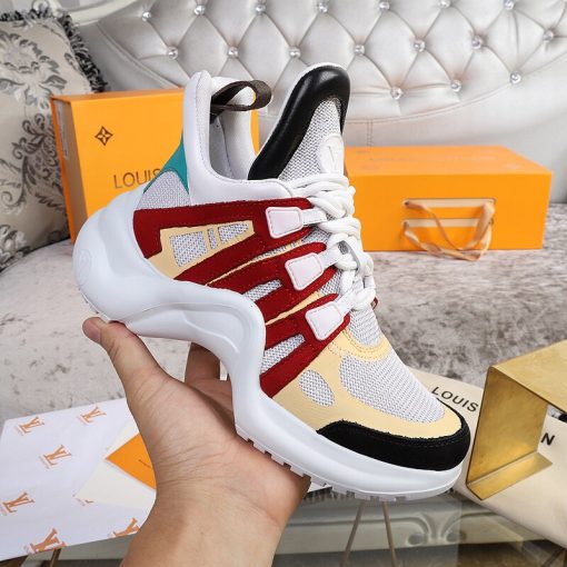 LOUIS VUITTON 'Archlight' Trainer. Authentic quality luxury sneaker crafted in genuine leather comes with authenticity card, dust bag and gift bag. Technology meets femininity. This futuristic sneaker harmoniously combines a bouncy wave-shaped outsole and a generously proportioned tongue, while maintaining an elegant low cut around the ankle to add a gentle, feminine flair.