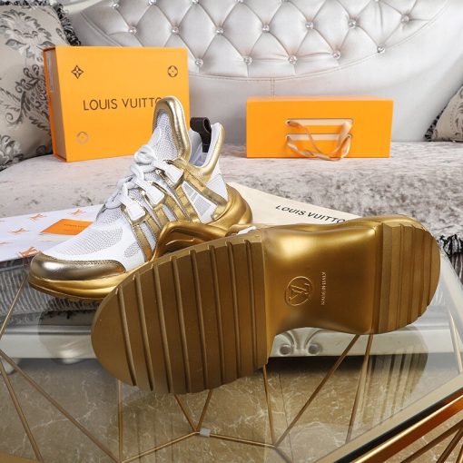 LOUIS VUITTON 'Archlight' Trainer. Authentic quality luxury sneaker crafted in genuine leather comes with authenticity card, dust bag and gift bag. Technology meets femininity. This futuristic sneaker harmoniously combines a bouncy wave-shaped outsole and a generously proportioned tongue, while maintaining an elegant low cut around the ankle to add a gentle, feminine flair.