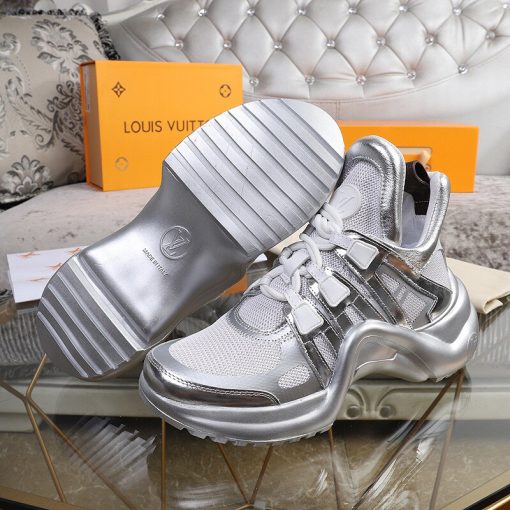 LOUIS VUITTON 'Archlight' Trainer. Authentic quality luxury sneaker crafted in genuine leather comes with authenticity card, dust bag and gift bag. Technology meets femininity. This futuristic sneaker harmoniously combines a bouncy wave-shaped outsole and a generously proportioned tongue, while maintaining an elegant low cut around the ankle to add a gentle, feminine flair.