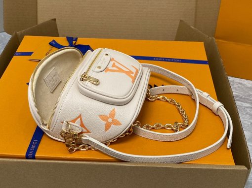 LOUIS VUITTON Mini Bumbag. Authentic quality luxury bag crafted in genuine leather comes with authenticity card, dust bag and gift bag. Embrace elegance and style, perfect for every occasion. Introducing the Mini Bumbag from LV's exquisite Gradient Collection, a beautifully designed bag that perfectly captures the current fashion trend. Detailed with Monogram Empreinte leather displaying an enchanting color gradient, this bag effortlessly elevates your accessory collection. The main compartment is secured by a zip closure, accompanied by a front pocket embellished with an elegant Louis Vuitton leather tag. For ultimate versatility, adjustable and removable straps allow for both cross-body and shoulder wear. To complete its charm, this Mini Bumbag is complemented by a chic gold-tone chain, making it a must-have accessory for any summer occasion.