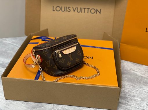 LOUIS VUITTON Mini Bumbag. Authentic quality luxury bag crafted in genuine leather comes with authenticity card, dust bag and gift bag. Embrace elegance and style, perfect for every occasion. Introducing the Mini Bumbag from LV's exquisite Gradient Collection, a beautifully designed bag that perfectly captures the current fashion trend. Detailed with Monogram Empreinte leather displaying an enchanting color gradient, this bag effortlessly elevates your accessory collection. The main compartment is secured by a zip closure, accompanied by a front pocket embellished with an elegant Louis Vuitton leather tag. For ultimate versatility, adjustable and removable straps allow for both cross-body and shoulder wear. To complete its charm, this Mini Bumbag is complemented by a chic gold-tone chain, making it a must-have accessory for any summer occasion.