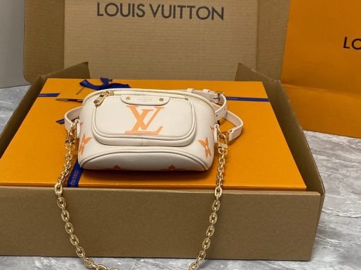 LOUIS VUITTON Mini Bumbag. Authentic quality luxury bag crafted in genuine leather comes with authenticity card, dust bag and gift bag. Embrace elegance and style, perfect for every occasion. Introducing the Mini Bumbag from LV's exquisite Gradient Collection, a beautifully designed bag that perfectly captures the current fashion trend. Detailed with Monogram Empreinte leather displaying an enchanting color gradient, this bag effortlessly elevates your accessory collection. The main compartment is secured by a zip closure, accompanied by a front pocket embellished with an elegant Louis Vuitton leather tag. For ultimate versatility, adjustable and removable straps allow for both cross-body and shoulder wear. To complete its charm, this Mini Bumbag is complemented by a chic gold-tone chain, making it a must-have accessory for any summer occasion.