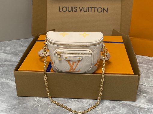 LOUIS VUITTON Mini Bumbag. Authentic quality luxury bag crafted in genuine leather comes with authenticity card, dust bag and gift bag. Embrace elegance and style, perfect for every occasion. Introducing the Mini Bumbag from LV's exquisite Gradient Collection, a beautifully designed bag that perfectly captures the current fashion trend. Detailed with Monogram Empreinte leather displaying an enchanting color gradient, this bag effortlessly elevates your accessory collection. The main compartment is secured by a zip closure, accompanied by a front pocket embellished with an elegant Louis Vuitton leather tag. For ultimate versatility, adjustable and removable straps allow for both cross-body and shoulder wear. To complete its charm, this Mini Bumbag is complemented by a chic gold-tone chain, making it a must-have accessory for any summer occasion.