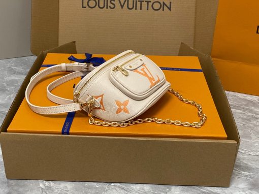 LOUIS VUITTON Mini Bumbag. Authentic quality luxury bag crafted in genuine leather comes with authenticity card, dust bag and gift bag. Embrace elegance and style, perfect for every occasion. Introducing the Mini Bumbag from LV's exquisite Gradient Collection, a beautifully designed bag that perfectly captures the current fashion trend. Detailed with Monogram Empreinte leather displaying an enchanting color gradient, this bag effortlessly elevates your accessory collection. The main compartment is secured by a zip closure, accompanied by a front pocket embellished with an elegant Louis Vuitton leather tag. For ultimate versatility, adjustable and removable straps allow for both cross-body and shoulder wear. To complete its charm, this Mini Bumbag is complemented by a chic gold-tone chain, making it a must-have accessory for any summer occasion.