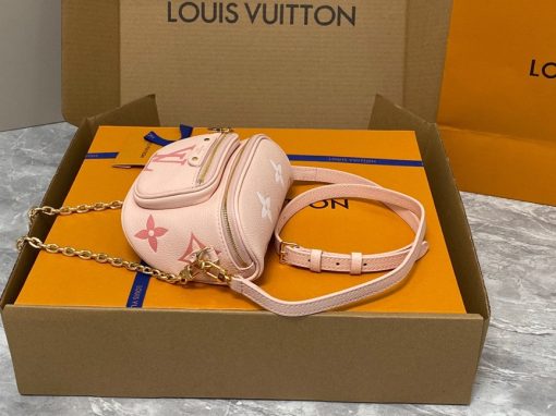 LOUIS VUITTON Mini Bumbag. Authentic quality luxury bag crafted in genuine leather comes with authenticity card, dust bag and gift bag. Embrace elegance and style, perfect for every occasion. Introducing the Mini Bumbag from LV's exquisite Gradient Collection, a beautifully designed bag that perfectly captures the current fashion trend. Detailed with Monogram Empreinte leather displaying an enchanting color gradient, this bag effortlessly elevates your accessory collection. The main compartment is secured by a zip closure, accompanied by a front pocket embellished with an elegant Louis Vuitton leather tag. For ultimate versatility, adjustable and removable straps allow for both cross-body and shoulder wear. To complete its charm, this Mini Bumbag is complemented by a chic gold-tone chain, making it a must-have accessory for any summer occasion.