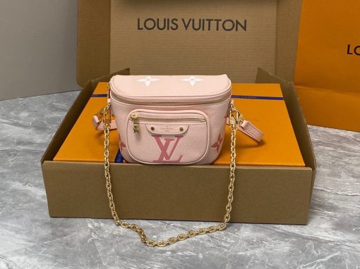 LOUIS VUITTON Mini Bumbag. Authentic quality luxury bag crafted in genuine leather comes with authenticity card, dust bag and gift bag. Embrace elegance and style, perfect for every occasion. Introducing the Mini Bumbag from LV's exquisite Gradient Collection, a beautifully designed bag that perfectly captures the current fashion trend. Detailed with Monogram Empreinte leather displaying an enchanting color gradient, this bag effortlessly elevates your accessory collection. The main compartment is secured by a zip closure, accompanied by a front pocket embellished with an elegant Louis Vuitton leather tag. For ultimate versatility, adjustable and removable straps allow for both cross-body and shoulder wear. To complete its charm, this Mini Bumbag is complemented by a chic gold-tone chain, making it a must-have accessory for any summer occasion.