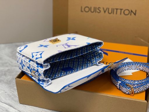 LOUIS VUITTON Pochette Métis MM. Authentic quality luxury bag crafted in genuine leather comes with authenticity card, dust bag and gift bag. Style with a Portuguese Touch. This exquisite Pochette Metis handbag is crafted from cream-colored canvas and highlighted by pastel LV's and Monogram Flowers printed with a watercolor-like effect. The top handle and detachable strap present a more prominent Monogram Flower pattern, reminiscent of the Portuguese painted ceramic tilework.