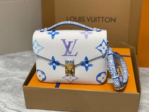 LOUIS VUITTON Pochette Métis MM. Authentic quality luxury bag crafted in genuine leather comes with authenticity card, dust bag and gift bag. Style with a Portuguese Touch. This exquisite Pochette Metis handbag is crafted from cream-colored canvas and highlighted by pastel LV's and Monogram Flowers printed with a watercolor-like effect. The top handle and detachable strap present a more prominent Monogram Flower pattern, reminiscent of the Portuguese painted ceramic tilework.