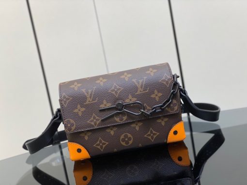 LOUIS VUITTON Steamer Wearable Wallet.  Authentic quality luxury wallet crafted in genuine leather comes with authenticity card, dust bag and gift bag. Style meets function: Elevate your everyday. The Steamer Wearable Wallet is a tasteful creation that draws inspiration from the timeless design codes of classic Steamer bags. Crafted with utmost precision, this wallet is constructed with durable Monogram Macassar canvas and features reinforced saffron leather corners for added strength. The use of black metal hardware, including rivets on the corners and a steamer-style chain, adds a touch of elegance to this piece. Rest assured, your valuables will be kept safe and organized with the inclusion of an inside zipped pocket.