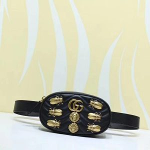 GUCCI 'Marmont' Belt Bag. Authentic quality luxury bag crafted in genuine leather comes with authenticity card, dust bag and gift bag. Heritage meets modern elegance. Introduced in Alessandro Michele's Pre-Fall 2017 collection, the belt bag is a captivating addition to the renowned GG Marmont line. Exhibiting a harmonious blend of sportswear influence and contemporary design, this accessory showcases an elegantly rounded silhouette, accompanied by a leather belt thoughtfully crafted to enable a stylish high-waisted wear. Notably, it proudly flaunts the iconic Double G embellishment, a delightful homage to the vintage Running G emblem.