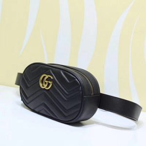 GUCCI 'Marmont' Belt Bag. Authentic quality luxury bag crafted in genuine leather comes with authenticity card, dust bag and gift bag. Heritage meets modern elegance. Introduced in Alessandro Michele's Pre-Fall 2017 collection, the belt bag is a captivating addition to the renowned GG Marmont line. Exhibiting a harmonious blend of sportswear influence and contemporary design, this accessory showcases an elegantly rounded silhouette, accompanied by a leather belt thoughtfully crafted to enable a stylish high-waisted wear. Notably, it proudly flaunts the iconic Double G embellishment, a delightful homage to the vintage Running G emblem. - KRIS + KIKO GUCCI 'Marmont' Belt Bag. Original Quality Bag including gift box, care book, dust bag, authenticity card. Part of the GG Marmont line, the belt bag was presented for the first time by Alessandro Michele in the Pre-Fall 2017 collection. It has a sportswear-inspired rounded shape with a leather belt which is designed so the bag can be worn high on the waist. It features the recognizable Double G detail-an archival play on the Running G.