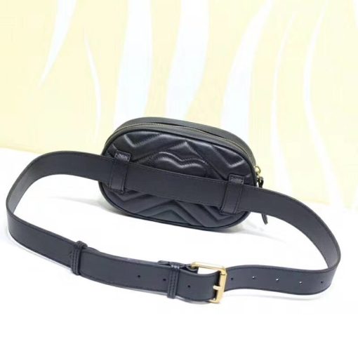 GUCCI 'Marmont' Belt Bag. Authentic quality luxury bag crafted in genuine leather comes with authenticity card, dust bag and gift bag. Heritage meets modern elegance. Introduced in Alessandro Michele's Pre-Fall 2017 collection, the belt bag is a captivating addition to the renowned GG Marmont line. Exhibiting a harmonious blend of sportswear influence and contemporary design, this accessory showcases an elegantly rounded silhouette, accompanied by a leather belt thoughtfully crafted to enable a stylish high-waisted wear. Notably, it proudly flaunts the iconic Double G embellishment, a delightful homage to the vintage Running G emblem.