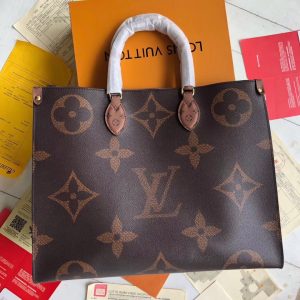 LOUIS VUITTON Onthego Monogram Tote Bag. Authentic quality luxury bag crafted in genuine leather comes with authenticity card, dust bag and gift bag. Style Meets Versatility. The precisely named Onthego tote bag effortlessly accompanies you for shopping, work, or a weekend getaway. Its spacious interior paired with the striking combination of an oversized Monogram pattern and Mini Monogram trim makes a bold fashion statement. The bag's Articulated Toron handles and two shoulder straps guarantee a comfortably stylish carry throughout the day.