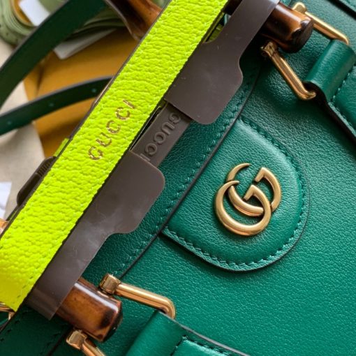 GUCCI Diana Mini Tote Bag. Authentic quality luxury bag crafted in genuine leather comes with authenticity card, dust bag and gift bag. Exquisite Style, Iconic Elements, and a Playful Twist The mini tote bag beautifully blends iconic features of the House, with its bamboo handles and Double G hardware. Crafted from luxurious leather, this accessory is made even more eye-catching with the addition of two vibrant neon bands. These bands playfully allude to the ones traditionally used to maintain the handles' shape.