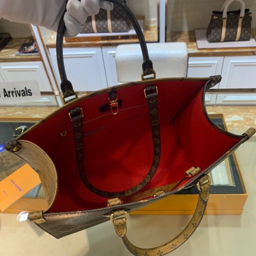 LOUIS VUITTON Onthego MM. Authentic quality luxury bag crafted in genuine leather comes with authenticity card, dust bag and gift bag. Unleashing the Power of Style and Convenience. Introducing the remarkable Onthego MM - a true epitome of efficiency, designed to effortlessly accommodate the needs of a busy woman, whether it be for work or shopping. With its capacious interior, it ensures ample space for all her essentials. The bag boasts a timeless combination of classic Monogram canvas on one side and Monogram Reverse on the other, essentially granting the luxury of owning two exquisite bags in one. Its twin Toron top handles along with two adjustable shoulder straps allow for various carrying styles, providing unprecedented versatility.