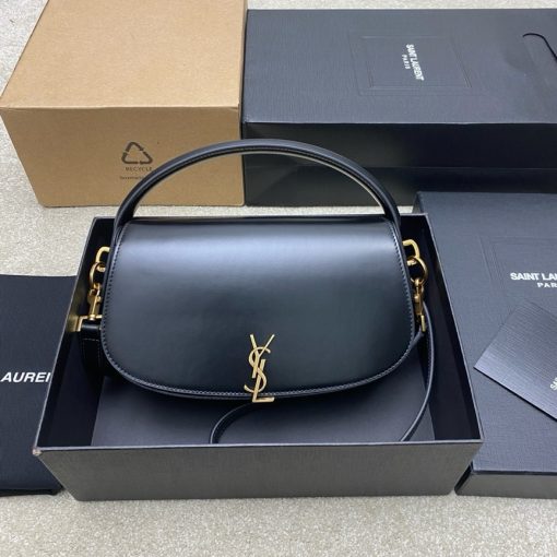 SAINT LAURENT Voltaire in Box. Authentic quality luxury bag crafted in genuine leather comes with authenticity card, dust bag and gift bag. A Twist of Modernity: Iconic Elegance. Introducing the Half-Moon Shoulder Bag – a seamless blend of elegance and modernity. Crafted in luxurious calfskin with a subtle polished finish, this chic accessory features a distinctive flap with the iconic pivoting CASSANDRE closure. Complete with an adjustable and detachable swivel-hook strap, it offers versatile carry options to suit any style. Elevate your look with this timeless masterpiece.