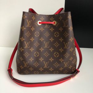 LOUIS VUITTON 'NéoNoé' Bucket Bag. Authentic quality luxury bag crafted in genuine leather comes with authenticity card, dust bag and gift bag. Effortlessly carrying the legacy of elegance and style. Originally created in 1932 for the sole purpose of carrying Champagne bottles, the Noé bag makes a fashionable comeback with a modern twist. Presenting the NéoNoé, a stunning bucket bag crafted from supple Monogram canvas adorned with vibrant calf-leather accents. Additionally, it features an adjustable strap that can be extended for a trendy cross-body carrying style.