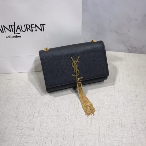 SAINT LAURENT Small 'Kate' Bag with Tassel. Authentic quality luxury bag crafted in genuine leather comes with authenticity card, dust bag and gift bag. Discover the epitome of elegance. Elegantly designed, the Monogram SAINT LAURENT bag is embellished with a sleek curb chain, interlocking YSL initials in metal, and a shimmering metallic tassel. Meticulously crafted from supple leather, the Kate shoulder bag by Saint Laurent showcases a distinctive YSL monogram plaque and a dangling tassel detail on the front, adding an exquisite touch. This exquisite accessory is ideal for a night out, serving as the perfect go-to option. It features a chain shoulder strap, a secure foldover top with magnetic closure, a spacious main compartment, an internal slip pocket, a logo patch, a logo stamp, and exquisite metal hardware for a sophisticated finish.