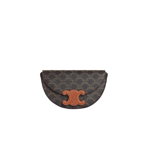 CELINE Besace Cuir Triomphe. Authentic quality luxury bag crafted in genuine leather comes with authenticity card, dust bag and gift bag. Revamp your style with our half-moon shape bags, featuring an oversized Triomphe logo and a roomy interior for all your essentials.. Presented in the current trendsetting half-moon shape, our significantly wider format measures 23 cm from tip to tip. Each bag effortlessly opens with a snap button closure, revealing a spacious interior compartment and a convenient flat inner pocket. One notable feature of the bag is the oversized Triomphe logo, showcased with contrasting Tan leather against the Triomphe Canvas. Tonal stitching along the edges adds a refined touch. To achieve a stylish monochrome effect, choose the Ice Blue and Tan option, where the logos are elegantly matched in color.