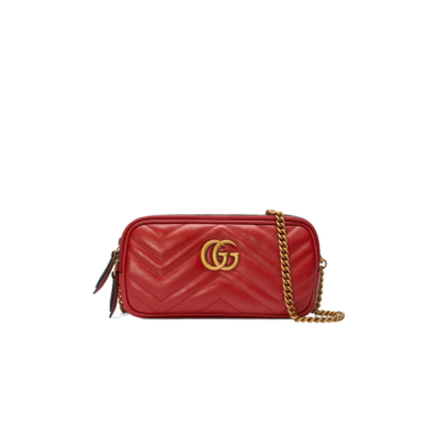 Gucci GG Marmont Mini Chain Bag. The GG Marmont Mini Chain Bag is covered with chevron leather with heart on the back. This bag has a softly structured slim shape and three zippered compartments. The ultra-chic GG logo crafted on the front in antique gold hardware. The antique gold mixed a bit of vintage effect to it. Moiré and microfiber lining with suede like finish. Two card slots. Three zip compartments. Chain strap with 60cm drop. The bag might be small but it’s super cute especially when you sling it on your shoulder.