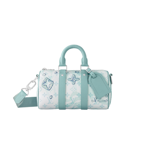 LOUIS VUITTON Keepall Bandoulière 25. Authentic quality luxury bag crafted in genuine leather comes with authenticity card, dust bag and gift bag. Be immersed in style. The Keepall Bandoulière 25 is crafted from Monogram Aquagarden canvas, with LV and Monogram Flowers appearing to be immersed in drops of water. This effect is created using an imaginative inkjet technique. This compact bag includes the two lateral reinforcement bands and the leather name tag, both classic signature details of the Keepall.