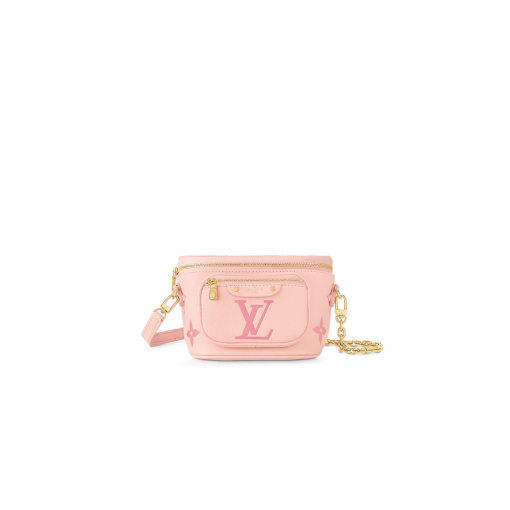 LOUIS VUITTON Mini Bumbag. Authentic quality luxury bag crafted in genuine leather comes with authenticity card, dust bag and gift bag. Embrace elegance and style, perfect for every occasion. Introducing the Mini Bumbag from LV's exquisite Gradient Collection, a beautifully designed bag that perfectly captures the current fashion trend. Detailed with Monogram Empreinte leather displaying an enchanting color gradient, this bag effortlessly elevates your accessory collection. The main compartment is secured by a zip closure, accompanied by a front pocket embellished with an elegant Louis Vuitton leather tag. For ultimate versatility, adjustable and removable straps allow for both cross-body and shoulder wear. To complete its charm, this Mini Bumbag is complemented by a chic gold-tone chain, making it a must-have accessory for any summer occasion.